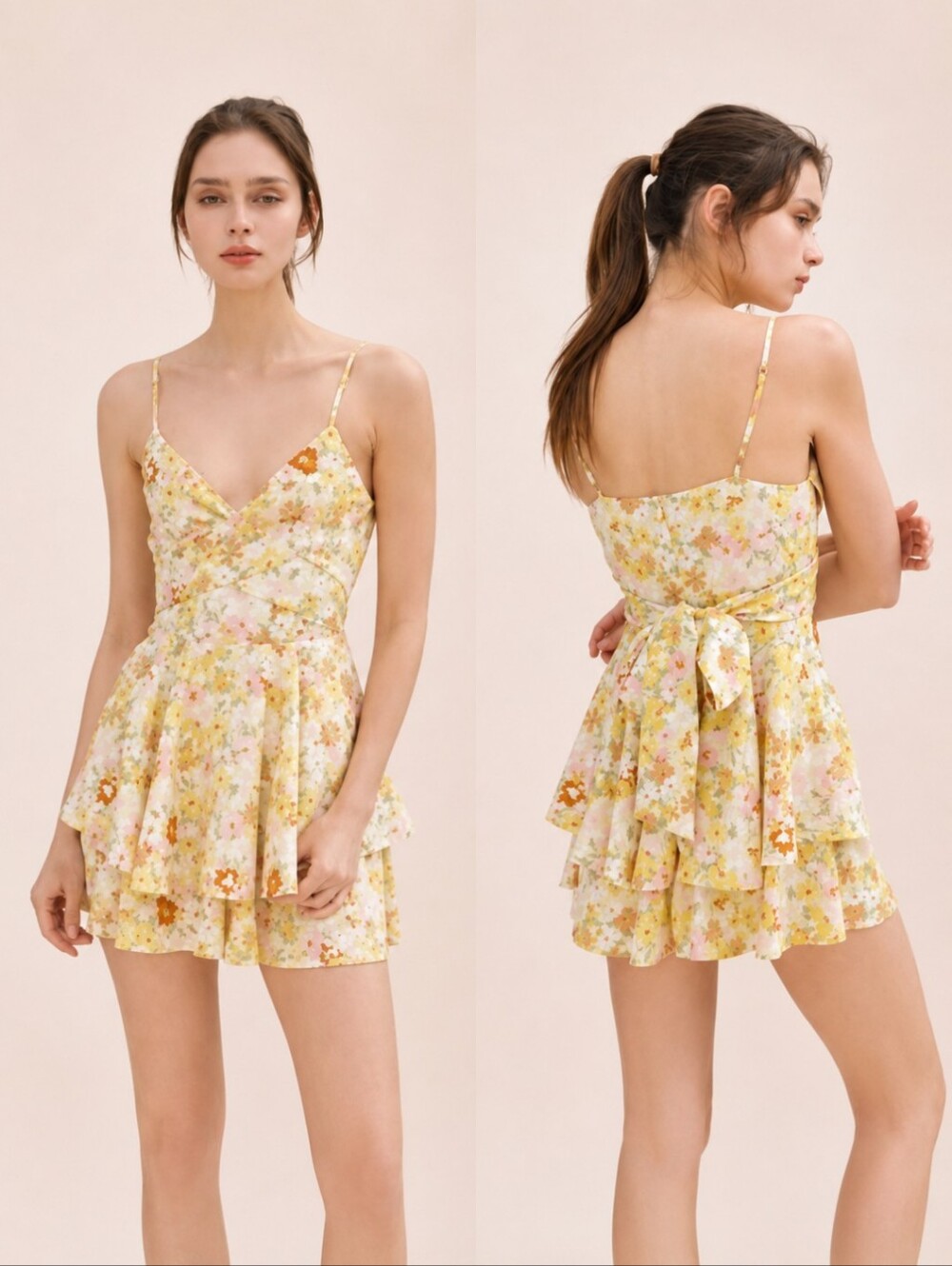 Storia Yellow Romantic Floral Spaghetti-Strap Fairycore Summer Mini Romper Dress